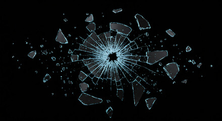 Shattered glass with radial cracks and scattered fragments reflecting light.