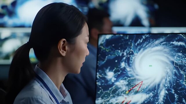 meteorologist in a command center, studying a powerful hurricane on a high-tech computer display.