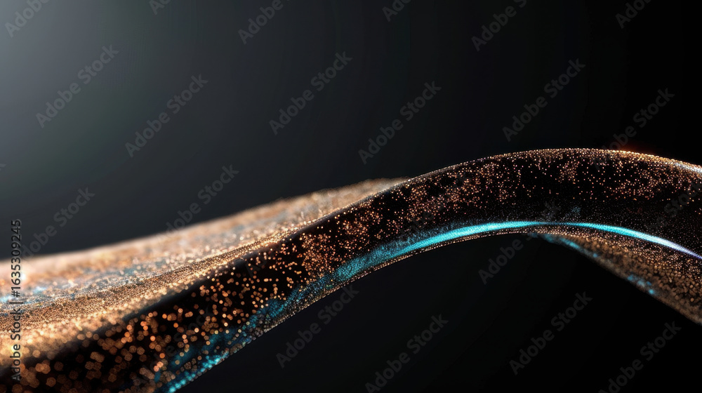Poster mesmerizing wave of shimmering particles flows gracefully, showcasing blend of warm and cool tones. 
