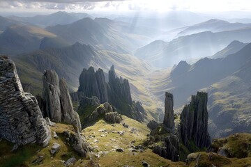 High mountain vista with dramatic rock formations bathed in sunlight