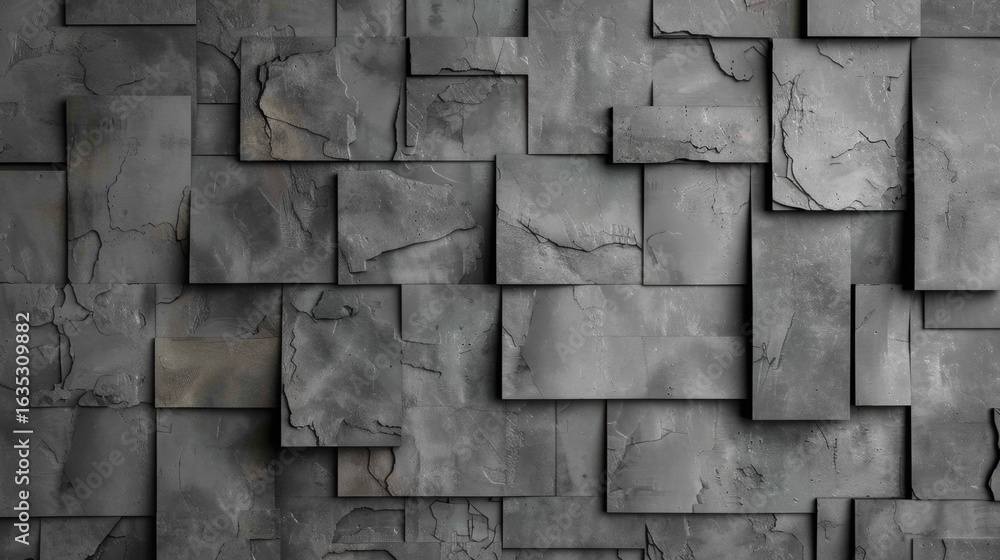 Poster textured gray wall composed of various rectangular panels, showcasing modern and industrial design. 