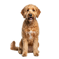 Obraz premium A friendly, fluffy goldendoodle dog with golden brown fur and a white chest patch sits patiently, looking directly at the viewer with a happy expression.