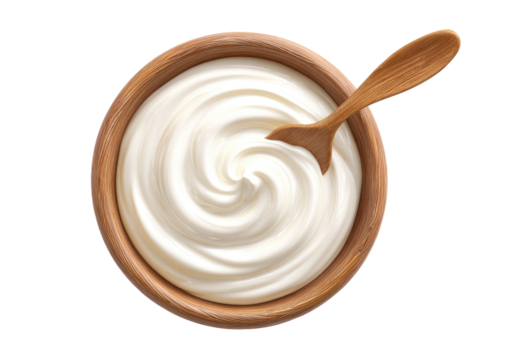 Creamy yogurt in a wooden bowl with a spoon (1)