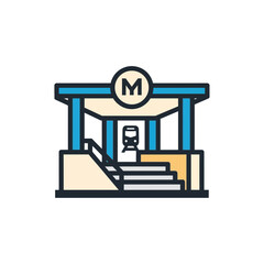 A stylized metro entrance with stairs and the letter M in a circle.