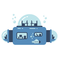 Fototapeta premium Blue stylized submarine with windows and bubbles on a white background.