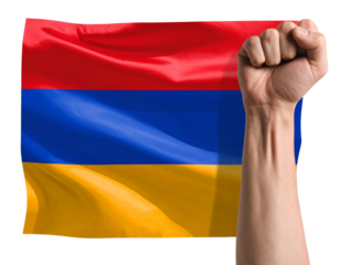 Raised Fist Holding Waving Armenia Flag, Dynamic Side Angle, Transparent Background
