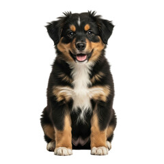 Fototapeta premium A charming tri color puppy with black, tan, and white fur sits attentively, looking at the camera with a happy expression. Perfect for pet care, family, or animal related content.