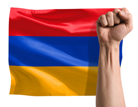 Raised Fist Holding Waving Armenia Flag, Dynamic Side Angle, Transparent Background