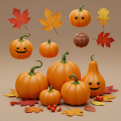 3D Illustration of Pumpkins and Autumn Leaves Display on Brown Background