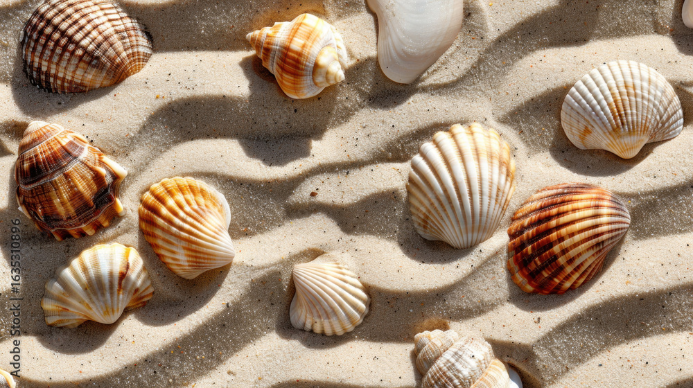Poster seashells scattered sandy beach create serene and natural atmosphere. intricate patterns and colors 