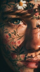 Close-up of a face decorated with floral patterns.