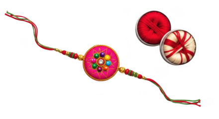 Colorful rakhi thread with beads and jewels, symbolizing the bond between brother and sister during the hindu festival of raksha bandhan, isolated on transparent background