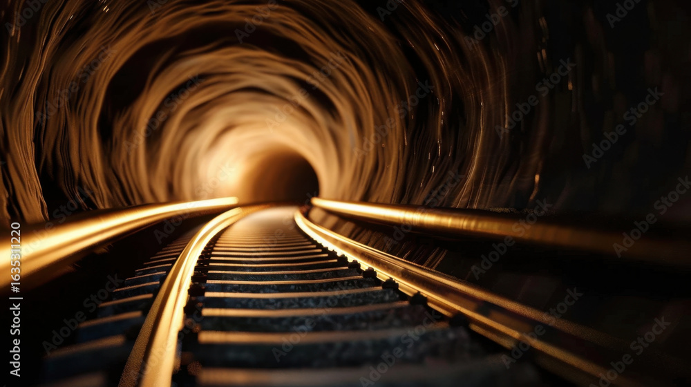 Poster mesmerizing view of railway track leading into glowing tunnel, creating sense of depth and mystery. 