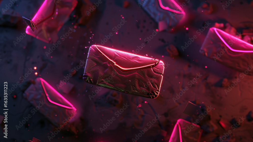 Poster neon glowing envelopes float in surreal digital space, creating vibrant and futuristic atmosphere. s