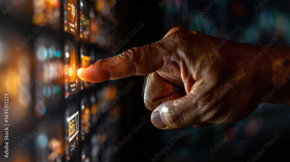 Poster hand pressing button on control panel, showcasing technology and interaction. image conveys sense of