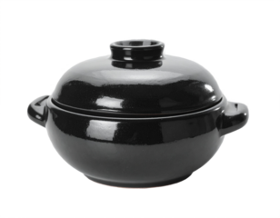 Elegant black ceramic cooking pot with handles, perfect for stews and soups