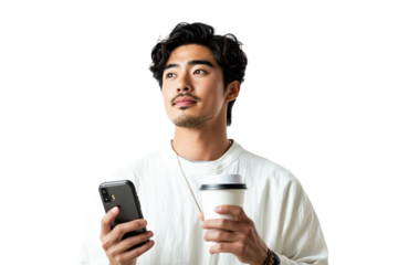 Young Man holds Coffee Cup and Phone. Isolated portrait for product photography, social media, or website headers.