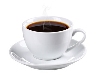 Obraz premium White Coffee Mug with Dark Brew and Visible Steam Trail, Angled Side View with Cast Shadow, Isolated