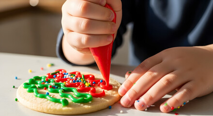 Close-up of a Child's Hands Messily Decorating a Christmas Cookie with Icing.