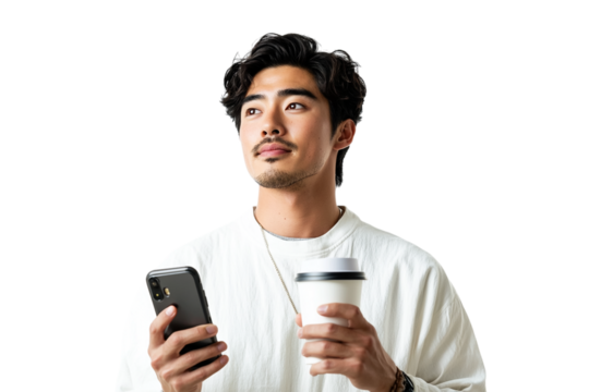 Young Man holds Coffee Cup and Phone. Isolated portrait for product photography, social media, or website headers.