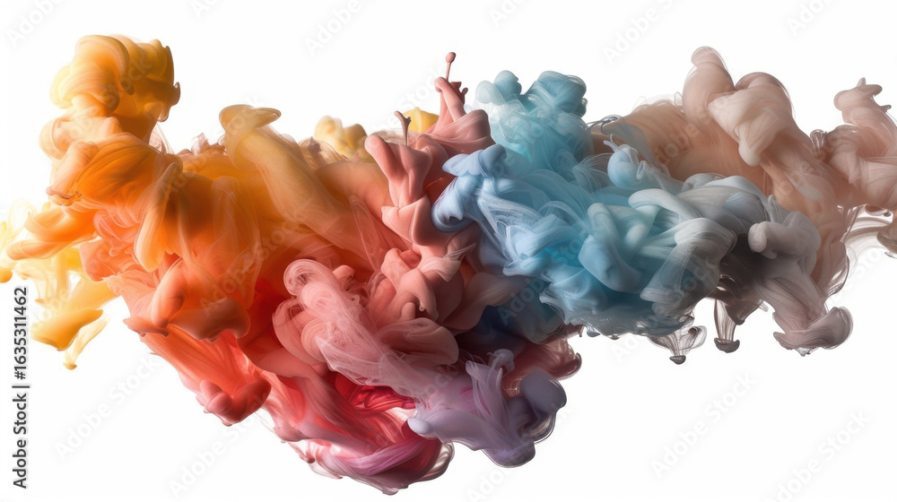 Poster vibrant colors blend seamlessly in swirling cloud of paint, creating abstract and dynamic compositio