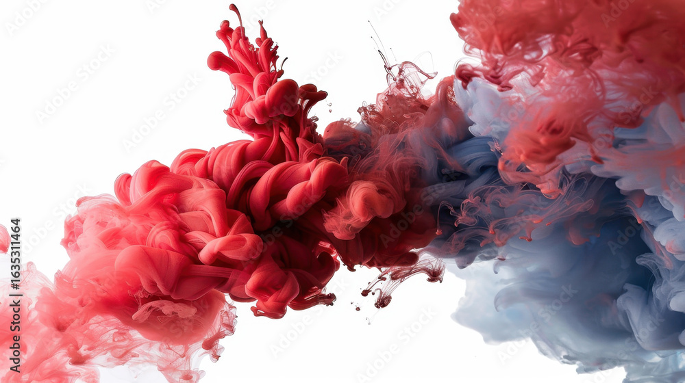Poster vibrant red and blue ink swirls create stunning visual display, blending together in dynamic and art