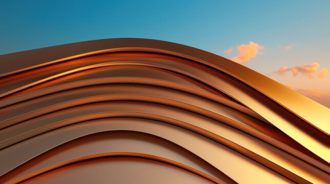 Sleek, curved lines create stunning abstract design, showcasing warm golden tones against serene blue sky. smooth texture and flowing shapes evoke sense of calm and elegance