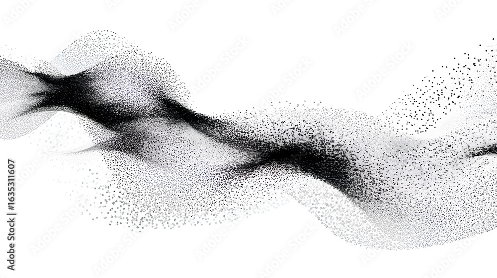 Poster abstract stipple wave flow in light grain texture and digital spray. gradation of particles in monoc