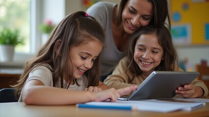 Obraz premium Happy Girls Learning with Tablet