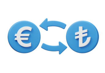 3D Illustration Of Euro And Turkish Lira Currency Exchange On Blue