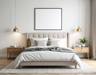 Fototapeta premium Elegant Bedroom Interior with Neutral Tones and Modern Lighting Fixtures.