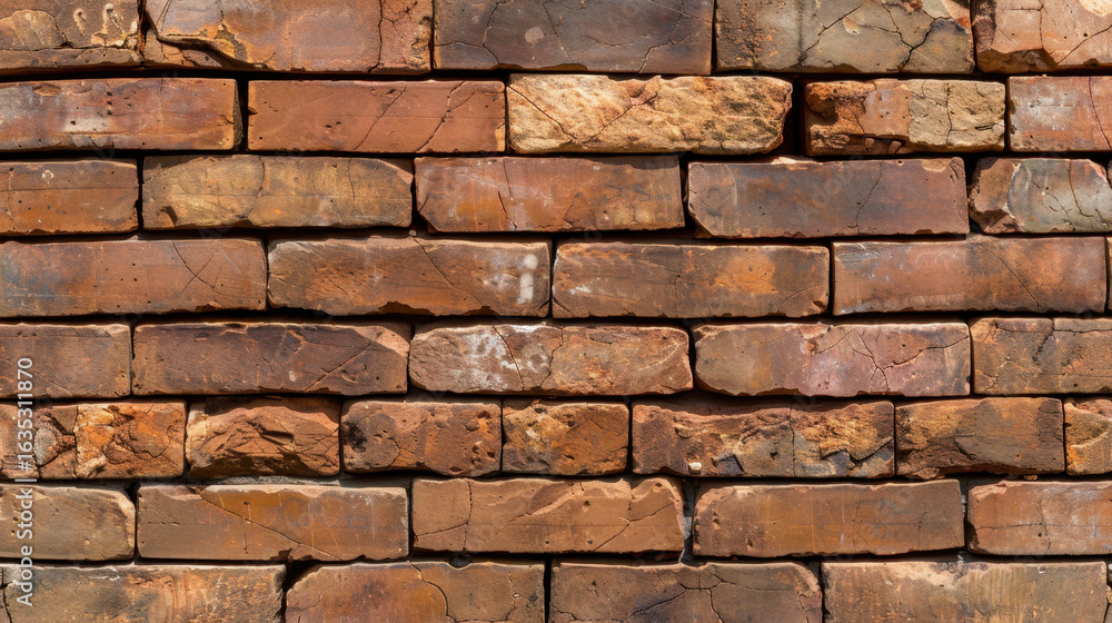 Poster textured wall made of rustic red bricks, showcasing various shades and patterns. bricks exhibit natu