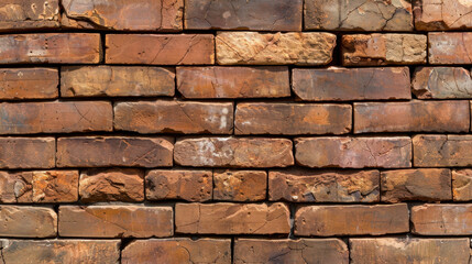 Obraz premium Textured wall made of rustic red bricks, showcasing various shades and patterns. bricks exhibit natural imperfections, adding character and warmth to structure
