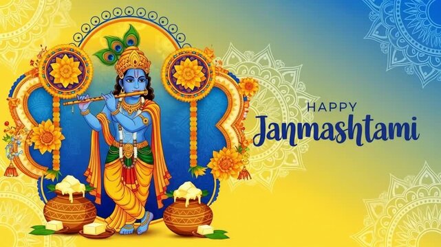 Lord krishna playing flute during janmashtami celebration with dahi handi