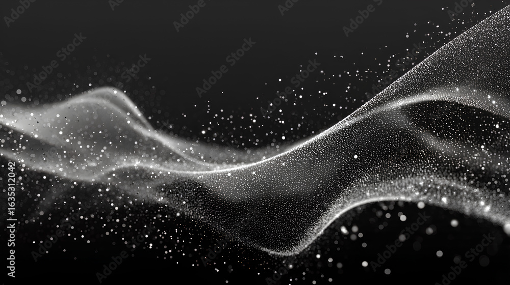 Poster abstract stipple wave flow in light grain texture and digital spray. gradation of particles in monoc