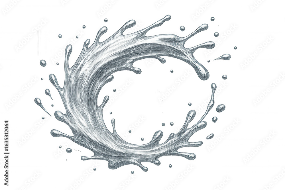 Poster metallic mercury droplet swirling, spiraling dynamically and forming circular liquid pattern against