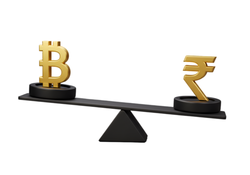 3D Illustration of Gold Bitcoin and Rupee Symbol Balancing on Scale - Powered by Adobe