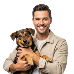 A cheerful man embraces his happy dog, both smiling warmly. This image conveys a strong bond between a pet owner and his beloved companion.