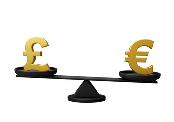 3D Illustration of Pound and Euro Symbols Balancing on a Scale Against Black Background