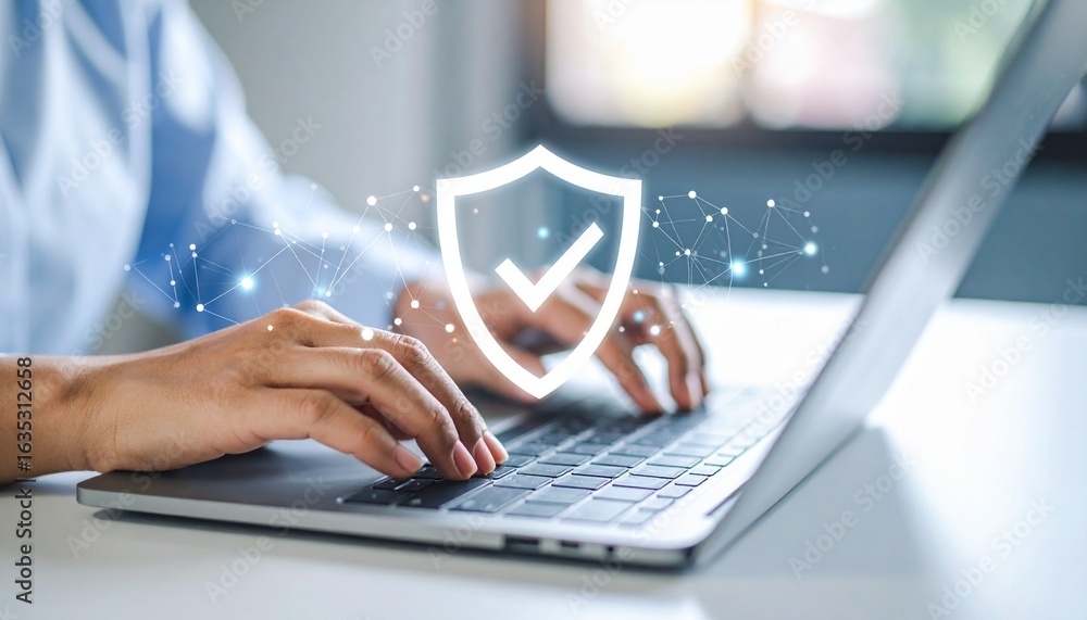 Poster secure digital life with advanced cybersecurity, protecting data while working on a laptop, modern t