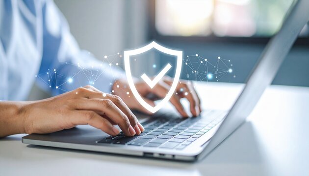 Secure digital life with advanced cybersecurity, protecting data while working on a laptop, modern technology