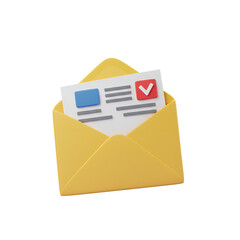 3D Illustration of an Open Yellow Envelope with a Document on Transparent Background