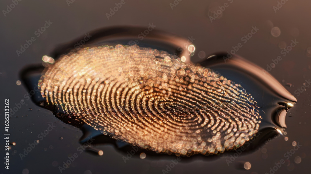 Poster close up view of fingerprint captured in reflective surface, showcasing intricate details and patter