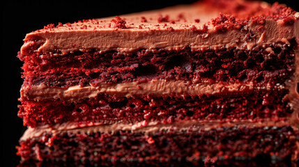 Delicious red velvet cake layered with rich chocolate frosting, showcasing moist texture and vibrant color, perfect for dessert lovers