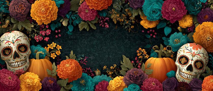 Vibrant and festive Dia de los Muertos Day of the Dead themed Halloween party invitation concept featuring a sugar skull pumpkins and autumn floral elements against a dark