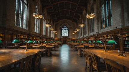 Fototapeta premium Grand library hall, quiet study, stone architecture, arched windows, education