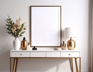 Elegant Console Table with Blank Frame Gold Accents and Floral Arrangement.