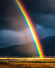 A vibrant rainbow arches over a landscape of golden grasses and dark mountains.