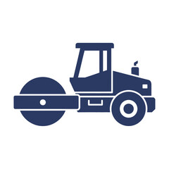 Silhouette of a road roller construction vehicle in dark blue on white.