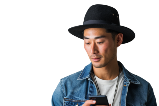 Person in fedora looks at phone; social media marketing, website asset.
